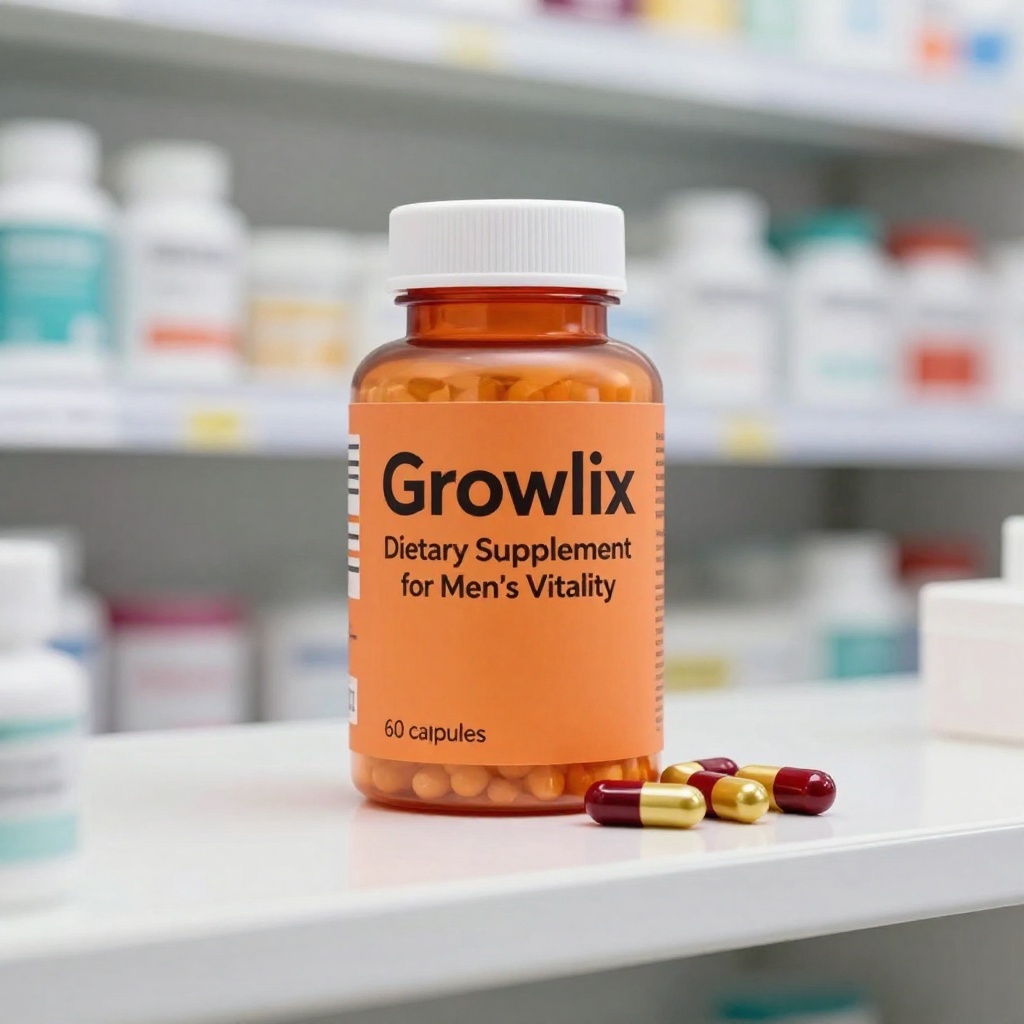 Cutie Growlix cu supliment natural pentru îmbunătățirea circulației sanguine, ambalaj albastru elegant pe fundal neutru